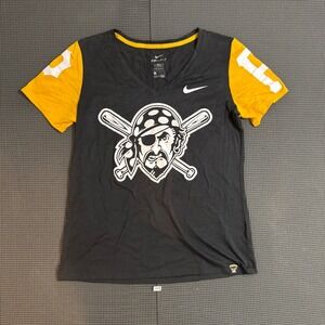 Nike Pittsburgh Pirates MLB Dri-FIT V-Neck T-Shirt Black Gold Womens Medium